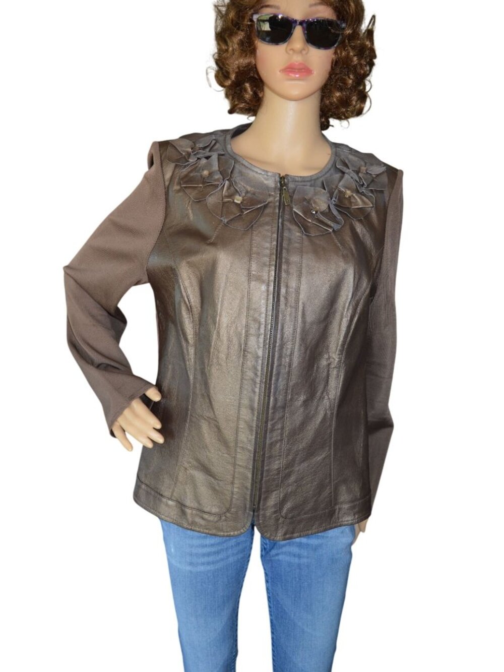 Peter Nygard Bronze Leather Zip Up Jacket Floral Neckline Women's Estimated M